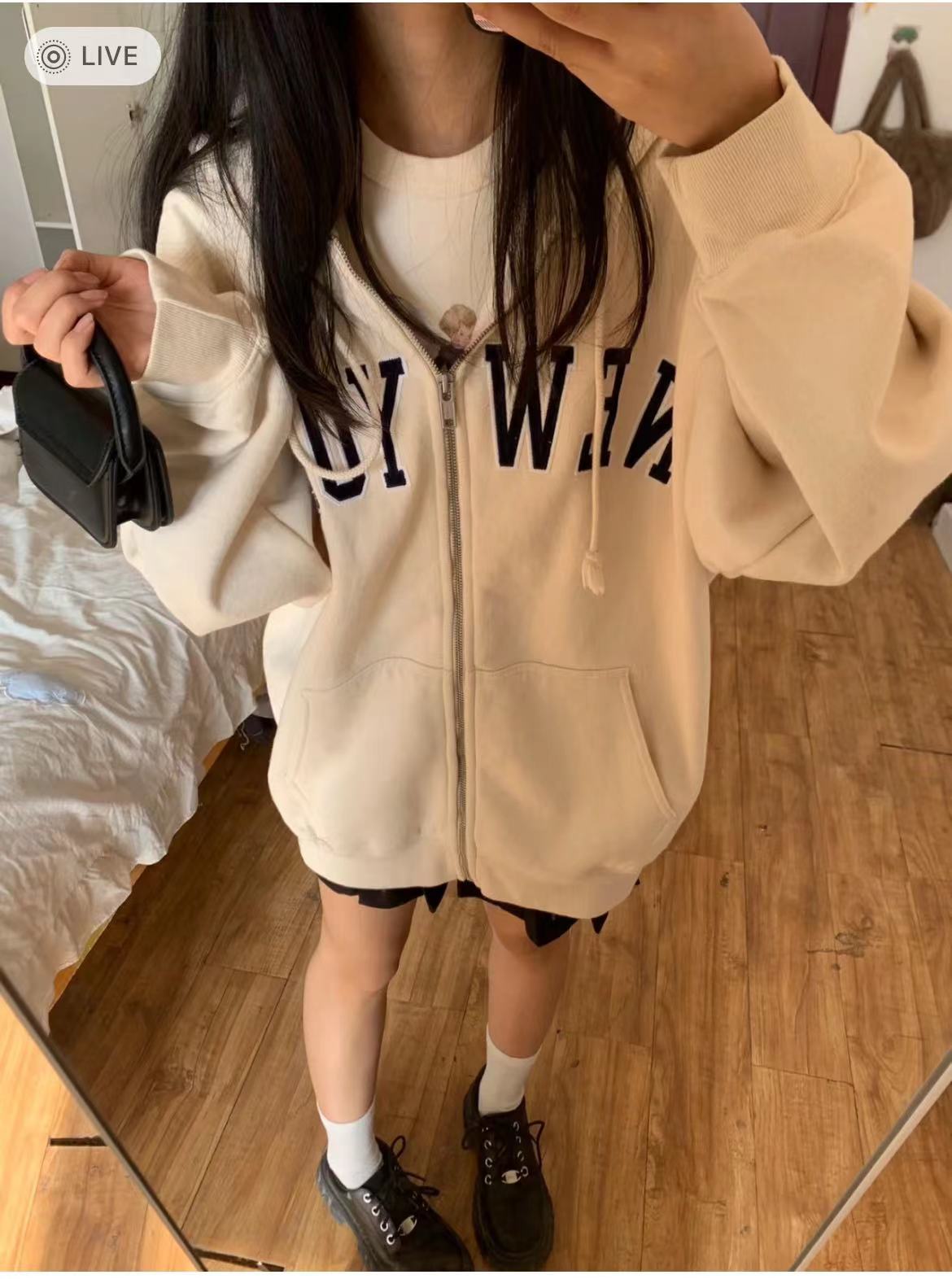 Brandy BM美式newyork刺绣拉链开衫外套女bm宽松连帽卫衣oversize