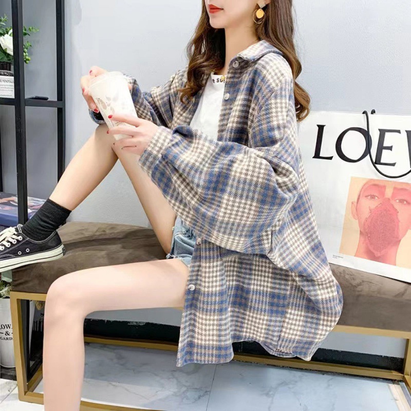 磨毛厚毛呢格子衬衫女宽松百搭外套