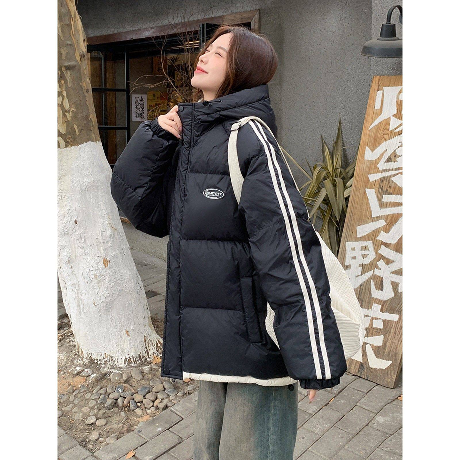 黑色羽绒服女冬新款韩系宽松学院风情侣百搭连帽加厚90白鸭绒外套,淘宝优惠券,粉丝福利购,淘宝优惠卷