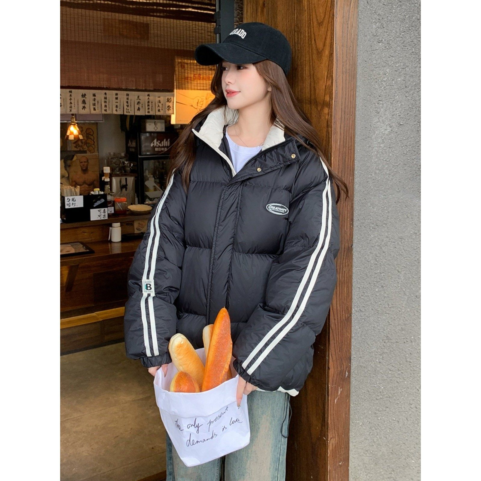 黑色羽绒服女冬新款韩系宽松学院风情侣百搭连帽加厚90白鸭绒外套,淘宝优惠券,粉丝福利购,淘宝优惠卷