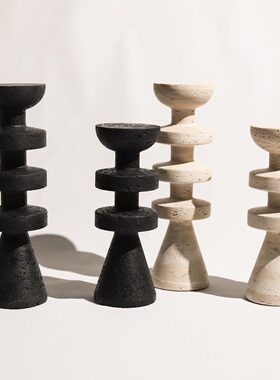 侘寂风黑色洞石烛台摆件客厅玄关餐厅家居样板间摆件