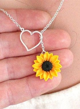 跨境爆款爱情永恒向日葵吊坠清新甜美向日葵8字 爱心太阳花项链饰