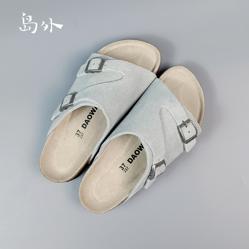 岛外勃肯鞋外穿透气舒适时尚休闲简约软木一字凉拖男女鞋鼠尾草绿 - 图0