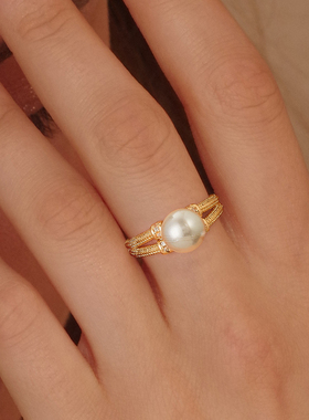 fettero 铜合金戒指 金色双线簇拥珠珠戒指