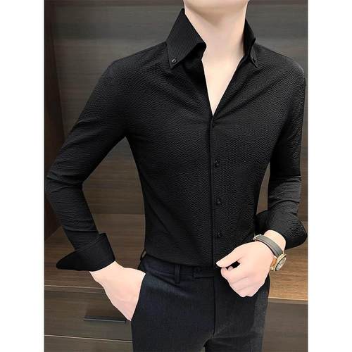 轻奢泡泡纱纯色衬衫男士秋季新款大领商务休闲修身薄款透气高级感 - 图1