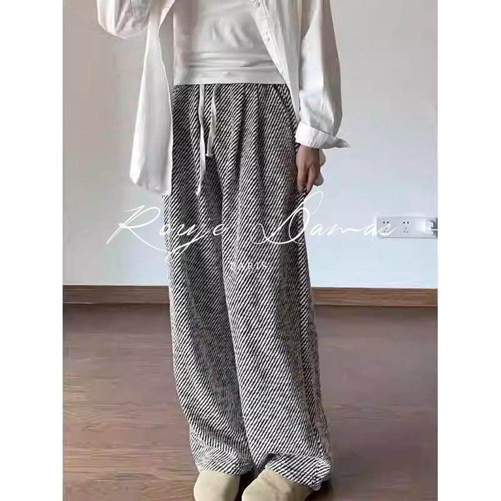 Rouje Damas法式慵懒抽绳斜条纹阔腿裤女加绒高腰垂感直筒休闲裤,淘宝优惠券,粉丝福利购,淘宝优惠卷
