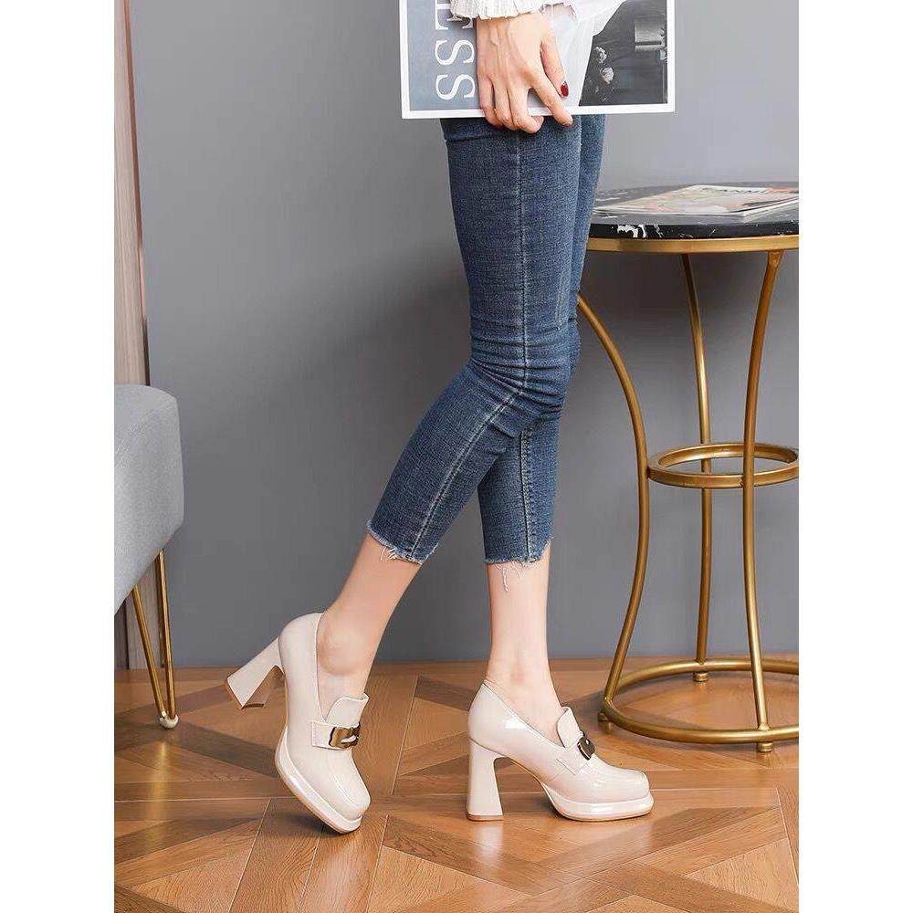 裸色高跟鞋女士2025新款粗跟方头防水台英伦风职业小皮鞋深口单鞋,淘宝优惠券,粉丝福利购,淘宝优惠卷