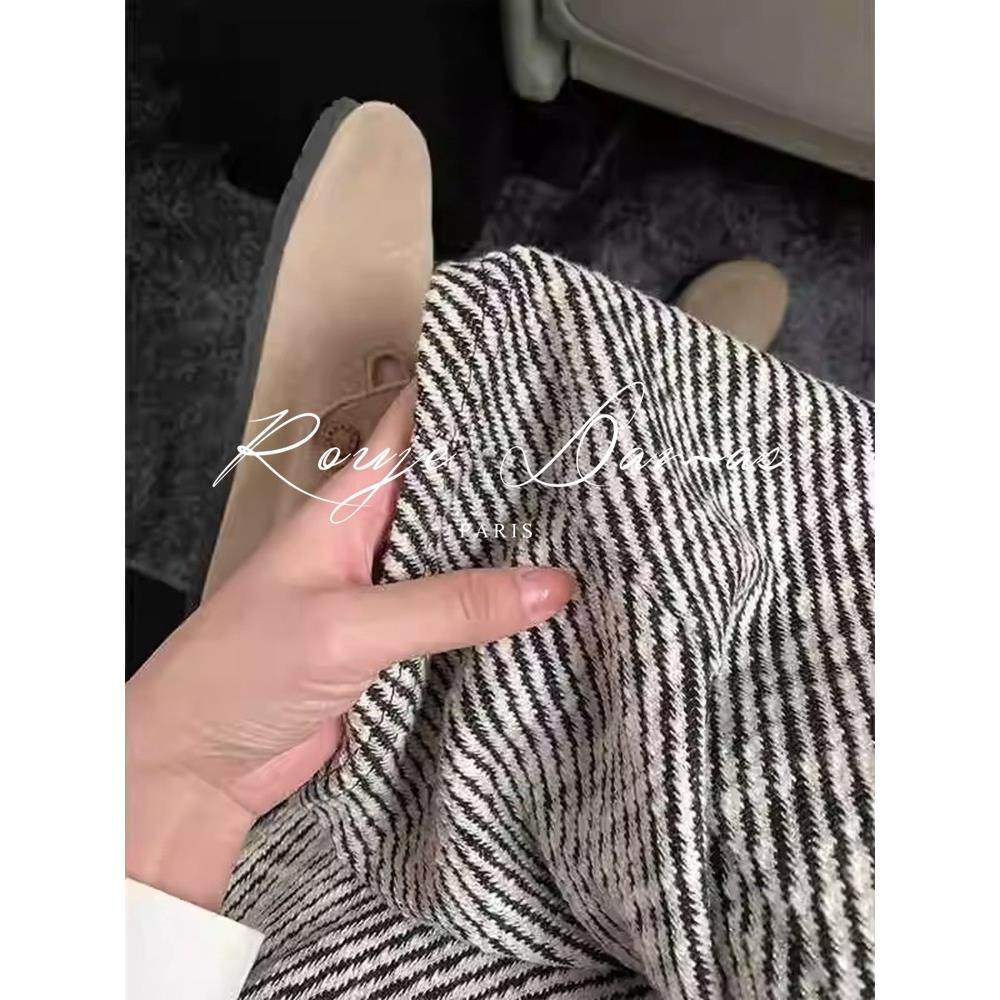 Rouje Damas法式慵懒抽绳斜条纹阔腿裤女加绒高腰垂感直筒休闲裤,淘宝优惠券,粉丝福利购,淘宝优惠卷