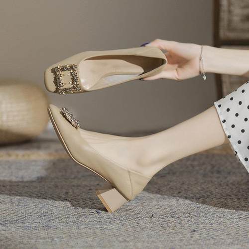 新款强推！通勤百搭真皮粗跟气质法式瓢鞋职业鞋裸色高跟鞋单鞋女 - 图0