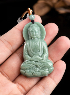 捡漏拍卖 天然A货翡翠豆绿立体佛祖阿弥陀佛玉石吊坠佛像项坠挂件