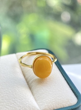 拍卖蜜蜡蛋面戒指S925纯银竹节镶嵌琥珀蜜蜡女款时尚指环戒指首饰