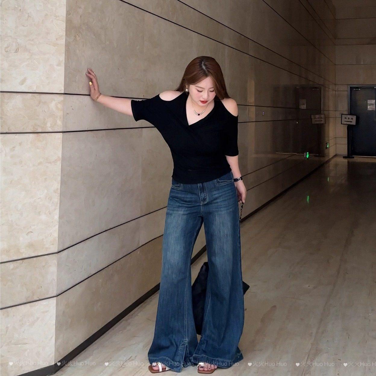 美式复古高腰不贴腿窄版微喇牛仔裤女新款大码直筒微喇长裤,淘宝优惠券,粉丝福利购,淘宝优惠卷