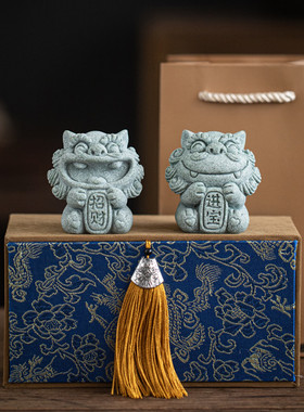 国潮石狮子一对可爱治愈系招财吉祥物工艺品装饰茶宠摆件伴手礼品