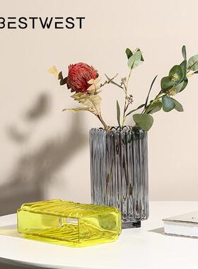 热销博西家居竖花器灰色扁形方缸玻璃花瓶样板房玄关桌面软装饰品