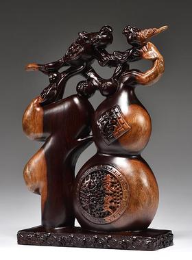 热销黑檀木雕福字摆件福气临门酒柜客厅玄关电视柜摆件家居装饰工