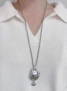 适用纯银风生水起福运猫项链可转动元宝流苏吊坠毛衣链民族风饰