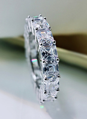 慕景新品S925银祖母绿宝塔切割满圈钻排戒女4mm高碳钻仿真戒指环
