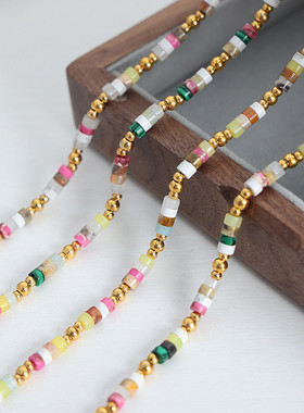 多巴胺配色天然石钢珠串珠项链个性小众百搭辣妹拼接锁骨链饰品女