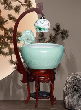 景德镇陶瓷鱼缸新中式循环增鱼流水加湿氧盆落地鱼缸玄关装饰摆件