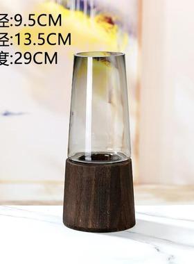 北欧ins轻奢客厅原色木墩木腰大肚小口插花瓶灰色高级感玻璃花瓶