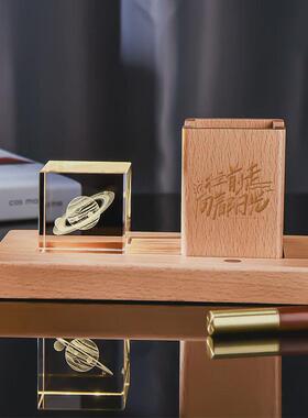 木质发光底座3d内雕水晶块小夜灯星系创意笔筒桌面摆件礼品