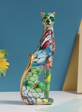 新款多彩小摆件豹子树脂摆件家居桌面玄窗装饰摆件礼品水转印