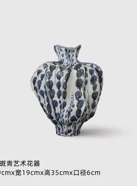 侘寂风鎏墨班青陶瓷花瓶家居花艺手工样板间花器中古艺术饰品摆件