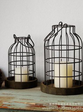 创意铁艺烛台摆件复古镂空网格餐厅蜡烛笼木质客厅烂漫摆件装饰品