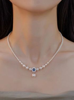 925纯银海蓝宝施家贝珠项链女气质轻奢感小众简约秋冬锁骨链