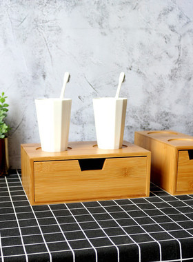 洗漱酒店用品竹木洗脸台客房耗品盒牙刷牙杯置物架单层抽屉式竹盒