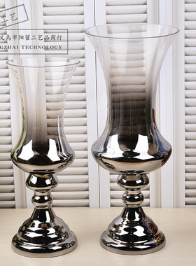 欧式后现代玻璃花瓶低调奢华镀银渐变色喇叭口高脚水晶玻璃工艺品