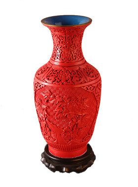 热销扬州漆器雕漆花桶子花瓶牡丹摆件机器中式摆件