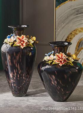 轻奢艺术玻璃花瓶工艺插花花器摆设简约陶瓷花盆家居饰品两件套