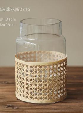 日式培装饰品客厅摆件装饰花瓶玻璃绿侘萝干花软装寂水编织复古。