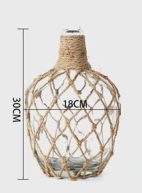 手工复古文艺客厅餐桌摆件玻璃花瓶花器干花麻绳花瓶小口透明水培