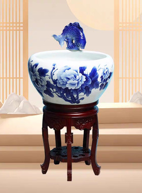 新款陶瓷鱼缸鱼缸循环流水落地实木凳子增氧加湿器造景办公室摆件