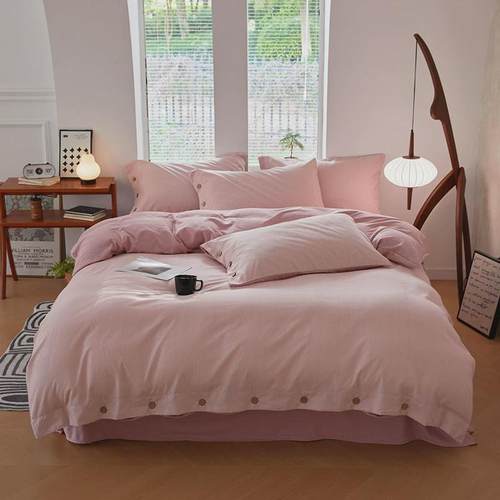 日式轻奢风纽扣款条纹水洗棉四件套裸睡简约民宿被套床单床上用品 - 图0