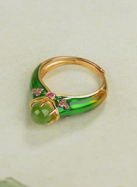 适用和田碧玉戒指胖mm大码开口女可调节s925银珐琅指环新中式饰品