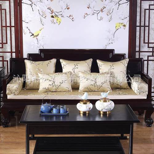 加厚红木提花布料新中式贡缎防滑沙发坐垫罗汉床垫落手枕 - 图0