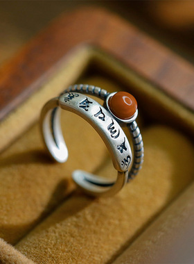 S925纯银镶嵌青金石南红戒指六字真言梵文复古情侣对戒男女个性