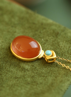 925银镶嵌镀金天然南红玛瑙蛋面简约吊坠纯银天然复古气质款红色