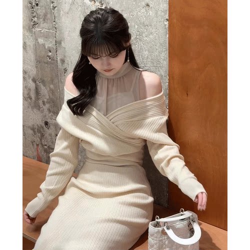 2025春 立领薄纱拼接收腰修身露肩鱼尾针织连衣裙女 - 图0