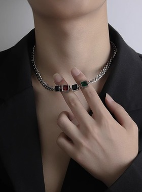 复古宝石拼接项链男款钛钢轻奢小众精致多色毛衣链简约锁骨链