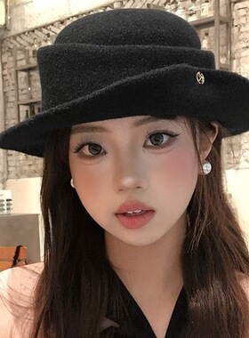 黑色法式赫本风优雅礼帽女秋冬复古显脸小卷边千金毛呢帽子渔夫帽