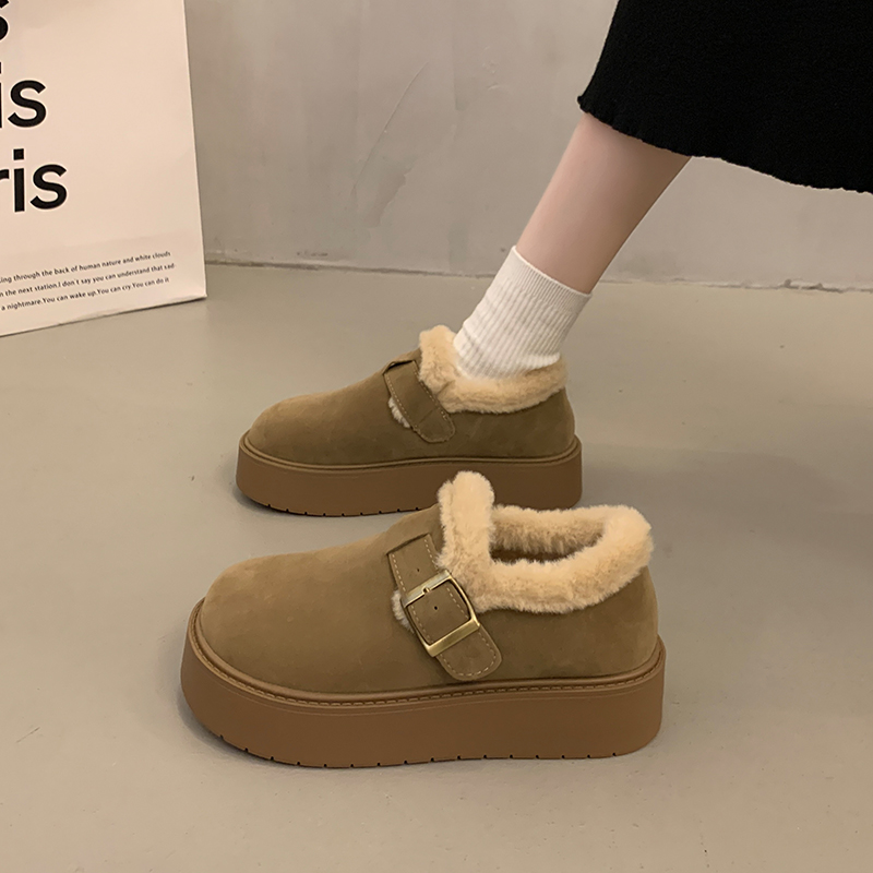 俏大东撤柜真皮加绒豆豆鞋2025秋冬外穿毛毛面包鞋保暖棉鞋雪地靴 - 图2