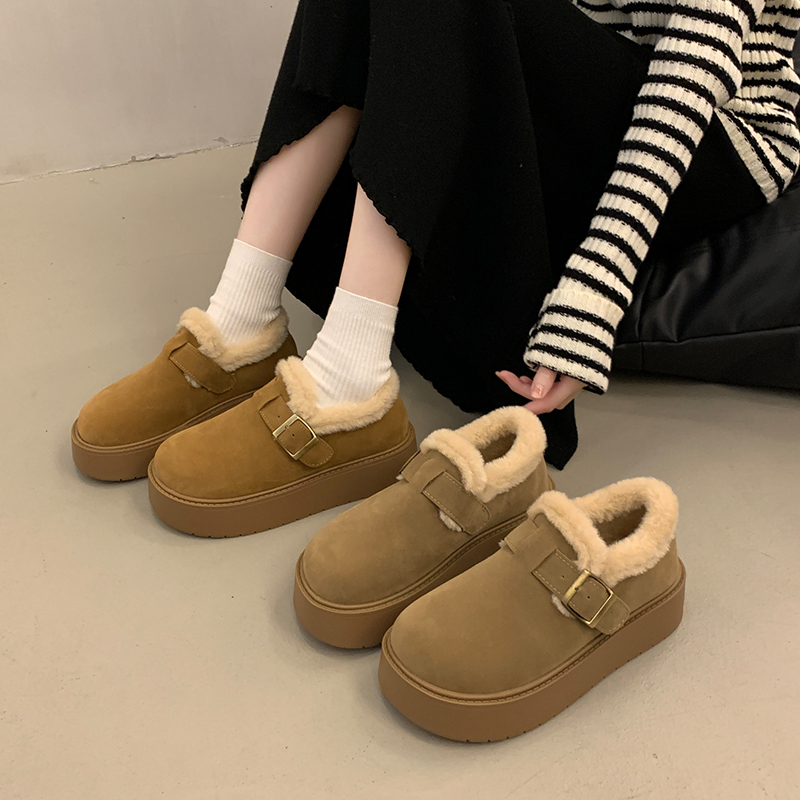 俏大东撤柜真皮加绒豆豆鞋2025秋冬外穿毛毛面包鞋保暖棉鞋雪地靴 - 图1