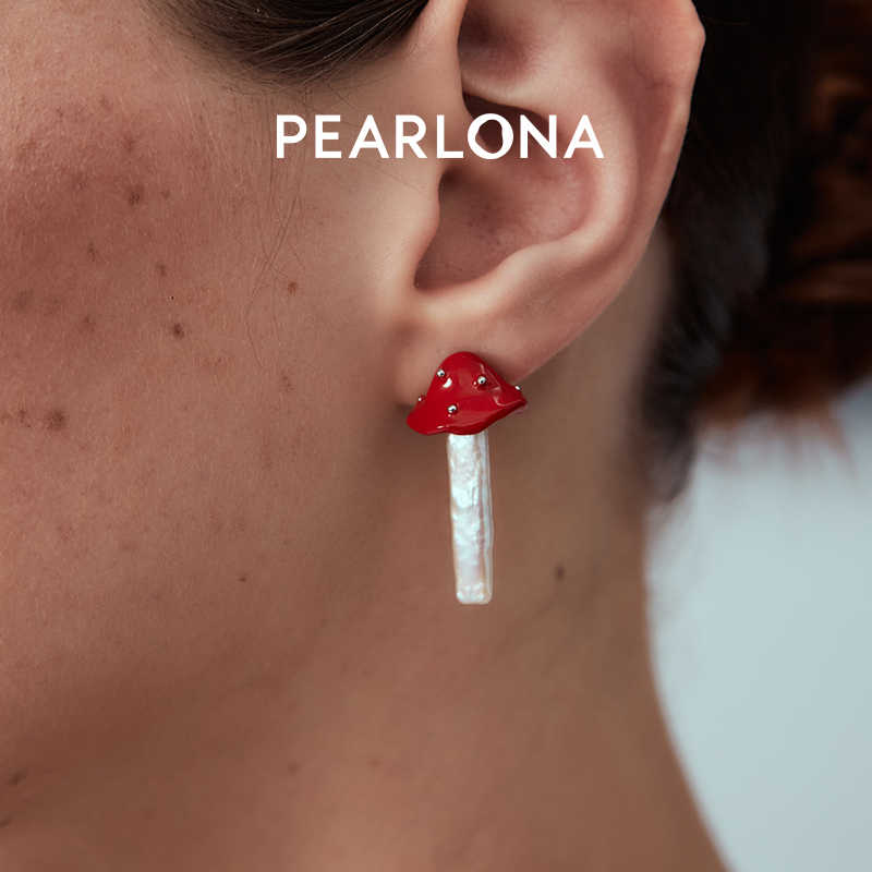 PEARLONA【胡可推荐】危险花园红蘑菇银条巴洛克珍珠吊坠项链女
