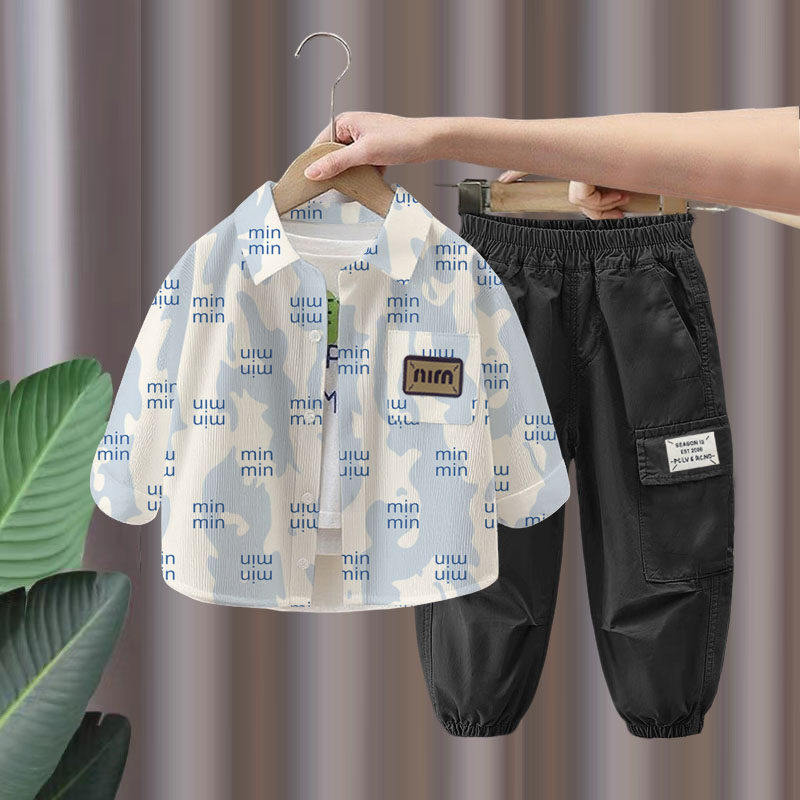 儿童炸街韩版衬衫外套两件套男童纯棉秋装套装春秋季新款中小童装,淘宝优惠券,粉丝福利购,淘宝优惠卷