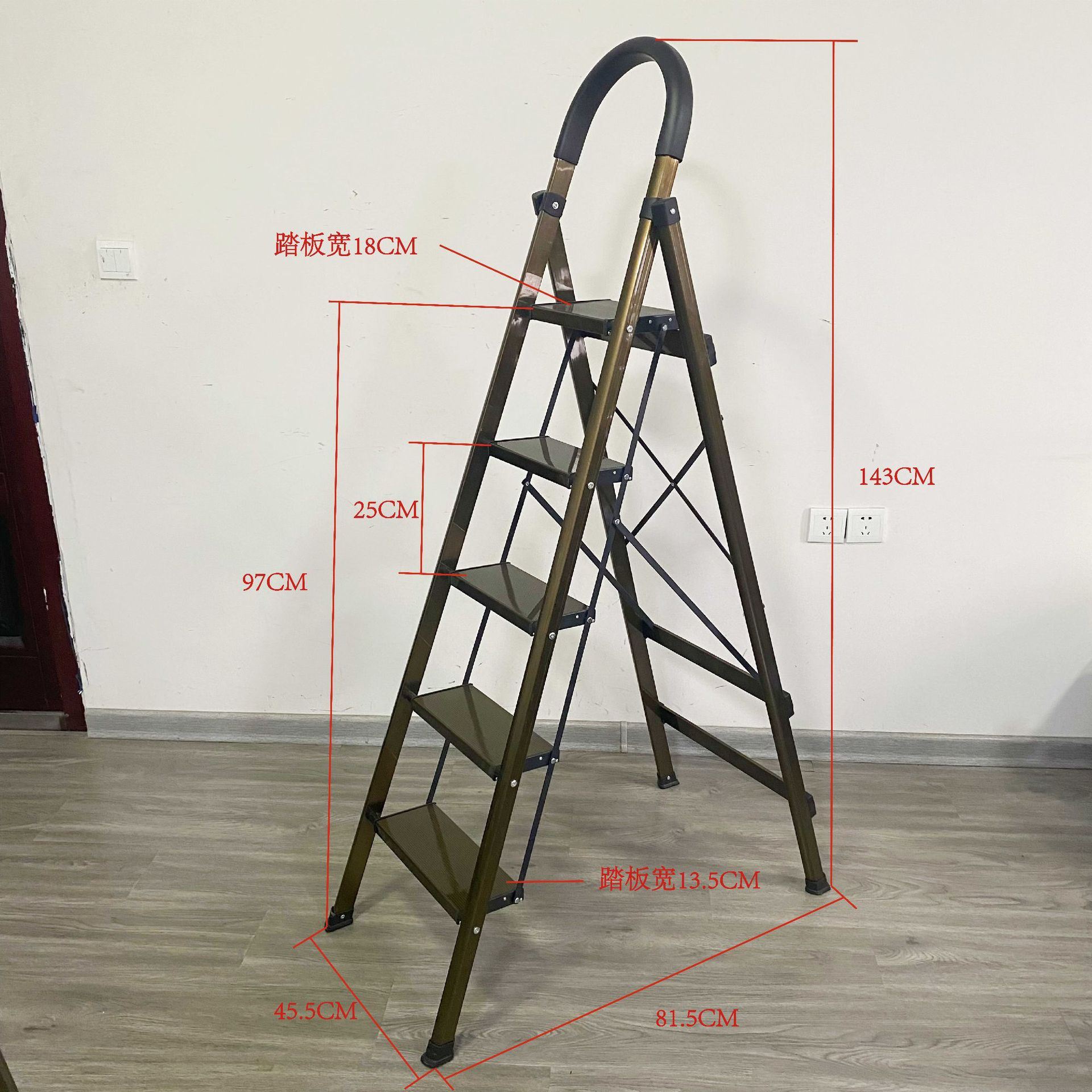 厂家低价热销金色D型铝合金家用梯加宽加厚折叠梯人字铝梯子梯凳 - 图0