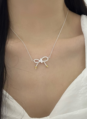 S925银扭绳蝴蝶结项链金银撞色锁骨链小众精致少女简约百搭送礼物